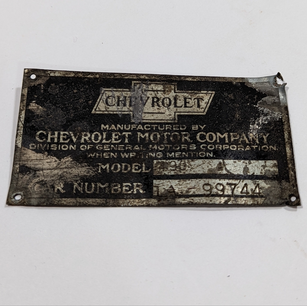 Vintage Chevrolet Master Body ID Data Plate Auto Restoration Identification Tag